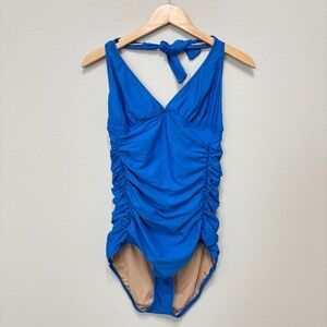 J. Crew Side Ruched Tie Halter One-piece Swimsuit - Blue, 12
